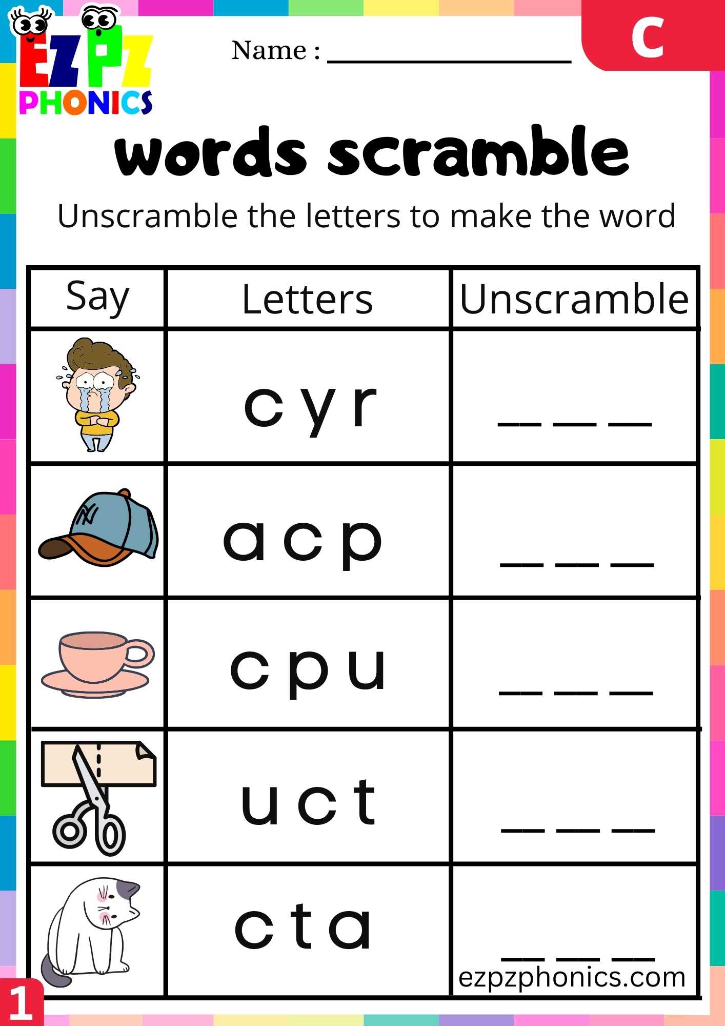 Letter C Words Scramble Beginning Sounds Worksheet